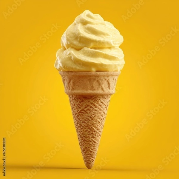 Obraz Creamy, pale yellow ice cream in a waffle cone, against a bright yellow background