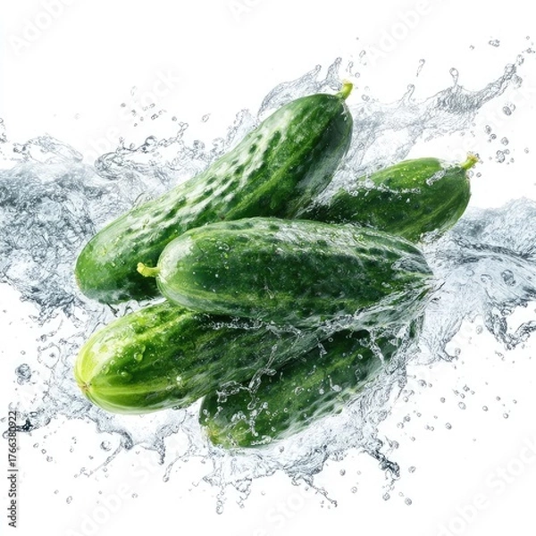Fototapeta Fresh cucumbers in water splash (2)