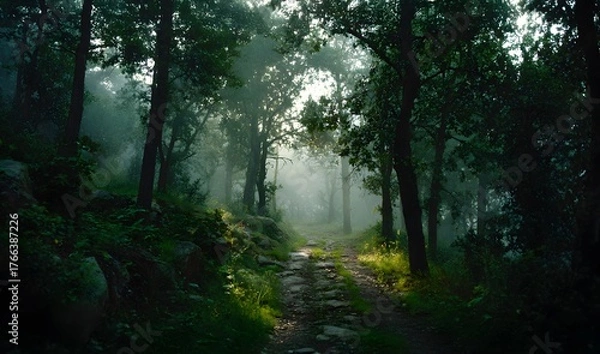 Obraz Ethereal Forest Road Tunnel with Dramatic Sunbeams Filtering Through Lush Green Summer Trees