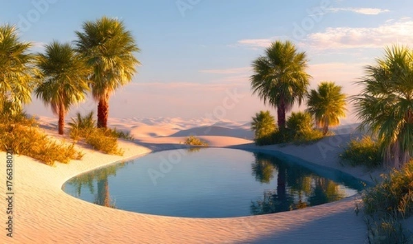 Obraz Perfectly Circular Desert Oasis Pool with Palm Tree Reflections Framed by Soft Sand Dunes at Golden Hour