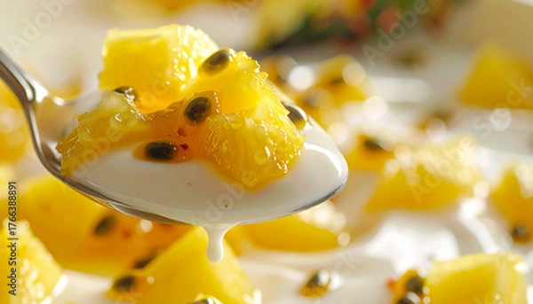 Fototapeta Spoonful of yogurt with diced pineapple and passion fruit seeds macro close-up