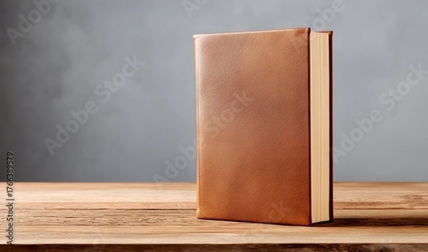 Obraz Single Blank Hardcover Book with Brown Cover Standing on a Rustic Wooden Table Against a Moody Background
