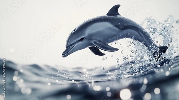 Obraz A dolphin leaps from the water with splashes against a bright background in a marine scene view