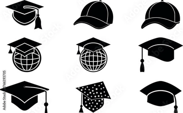 Obraz Graduation Cap Vector Icons in Black Silhouette featuring Global and Patriotic Designs.