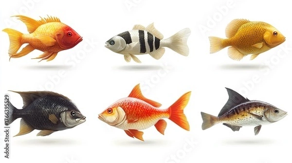 Obraz A collection of six different types of fish isolated on a white background for illustration use