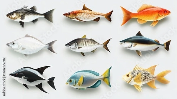 Fototapeta A collection of nine different fish species arranged on a white background in a grid pattern