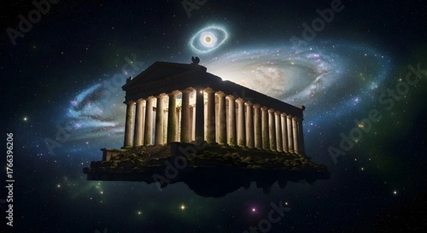 Fototapeta A surreal depiction of a classical temple floating in a cosmic galaxy.