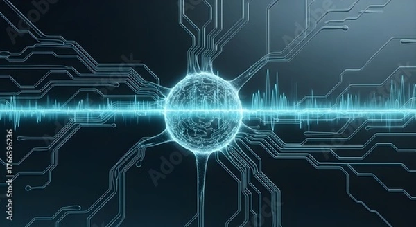 Fototapeta Abstract visualization of a digital neuron processing information on a circuit board.