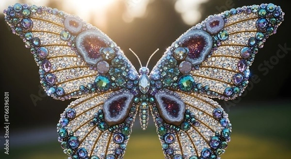 Fototapeta A stunningly detailed, jeweled butterfly sculpture with intricate patterns and sparkling gemstones, bathed in soft sunlight.