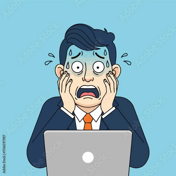 Fototapeta Stressed cartoon businessman sweating while working on laptop
