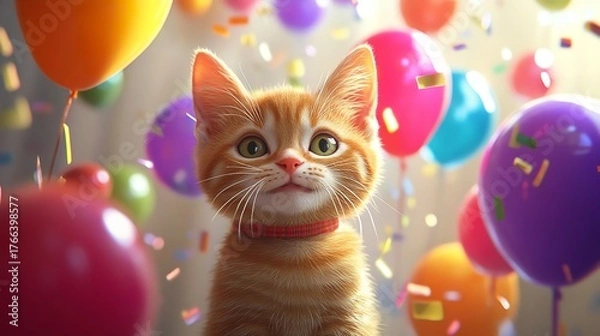 Fototapeta Ginger kitten with balloons and confetti celebrating a birthday party looking at the viewer