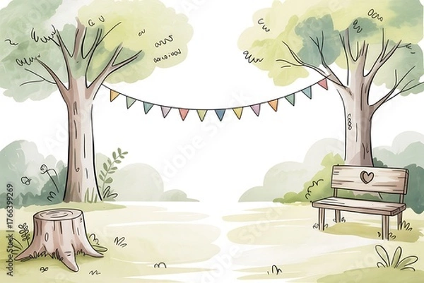 Obraz Cute watercolor landscape with green trees decorated with garland of flags, lawn with bench and beautiful big tree stump. Hand-drawn template for your cartoon wallpaper design, mural or background.