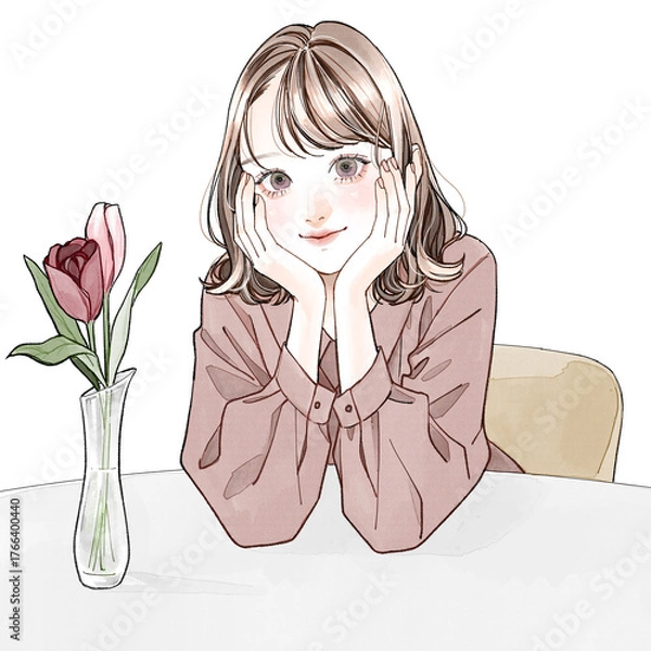 Fototapeta 両手で頬杖をつく女性