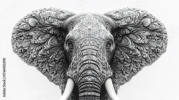 Fototapeta Ornate elephant head with detailed carvings and large tusks against a bright white background