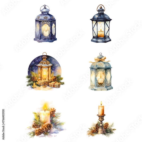 Fototapeta ランタンとキャンドルのアンティーククリップアート｜灯りの水彩風冬イラスト