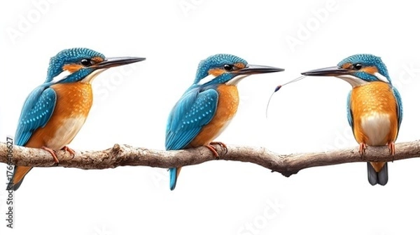 Fototapeta Three kingfishers perched on a branch with one holding a small insect in its beak on white background