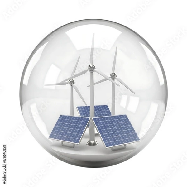 Obraz Wind turbine and solar panel inside a glass sphere isolated on transparent background