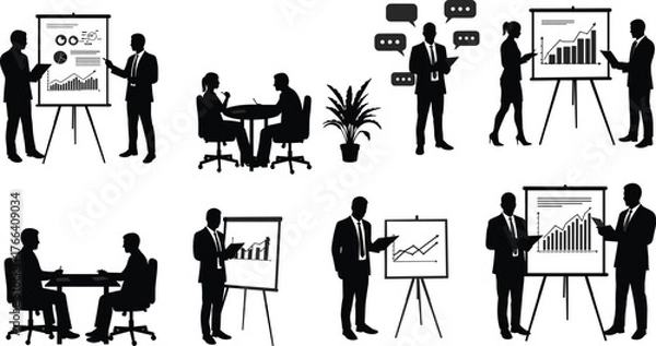 Fototapeta Business presentation silhouettes, office meeting scenes, data analysis, teamwork, corporate discussion, professional communication, chart review, strategy planning, workplace interaction