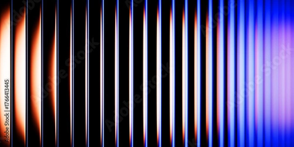 Obraz Ribbed fractal neon glass texture effect on black 3d background. Holographic vertical stripe wall with red blue purple gradient. Corrugated translucent surface with light reflection. 3D illustration