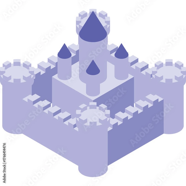 Obraz Isometric View of a Light Purple Castle Fortress with Tall Towers and Crenellated Walls Rendered in Pixel Art Style on a Transparent Background