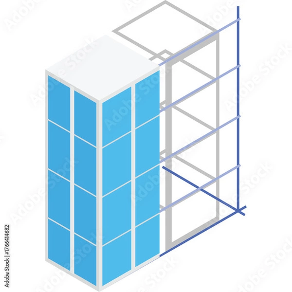 Fototapeta Isometric view of a modern glass office building under construction with blue glass facade and metal frame structure on a white background with a transparent background