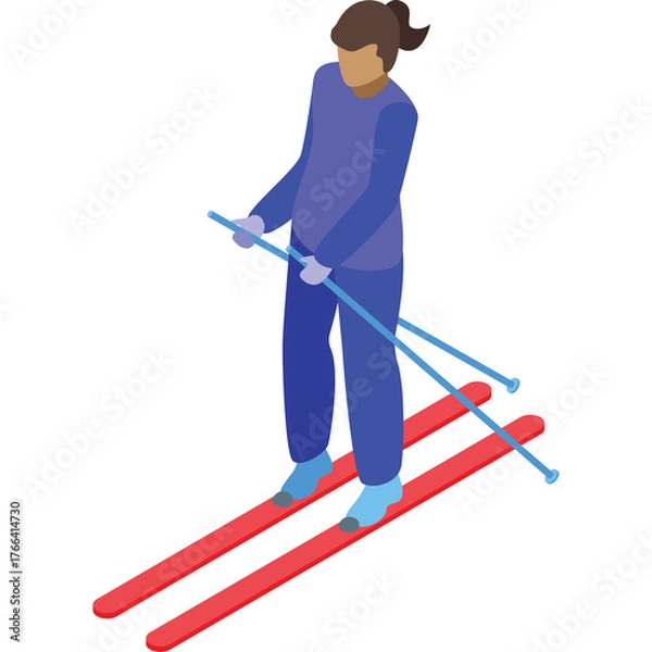 Obraz Isometric view of a person in a purple ski suit holding ski poles and standing on red skis against a white background representing winter sports and outdoor activity