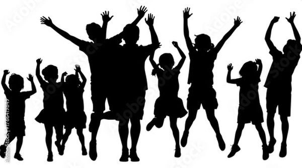 Fototapeta Celebration Silhouette

A group of children in silhouette raising their arms or jumping, with one adult standing calmly among them. Black figures on white background, minimalist and balanced compositi