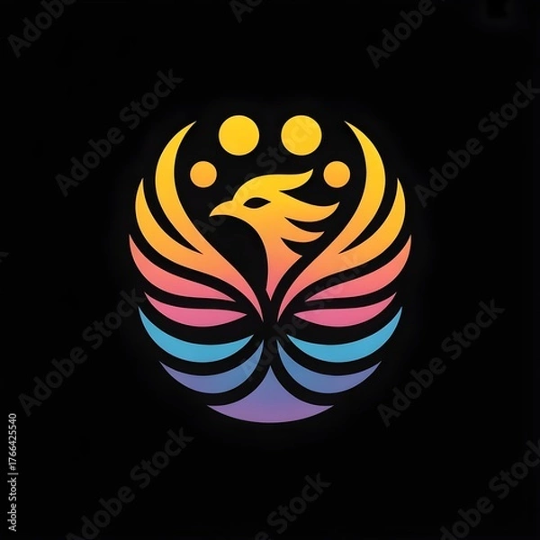Fototapeta a minimalist phoenix logo with a black background. Use flowing lines in gold and red to depict the phoenix's head and crest, with bright yellow ovals for the eyes. Add blue clr and purple wave-like