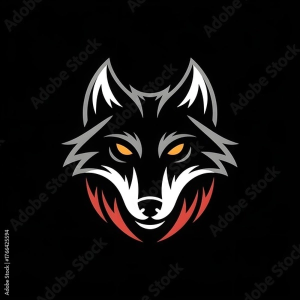Fototapeta stylized wolf logo on a black background, with curved lines in gray and white, glowing amber triangles for eyes, and red and orange streaks