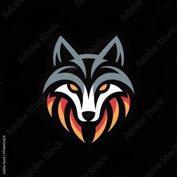Fototapeta stylized wolf logo on a black background, with curved lines in gray and white, glowing amber triangles for eyes, and red and orange streaks