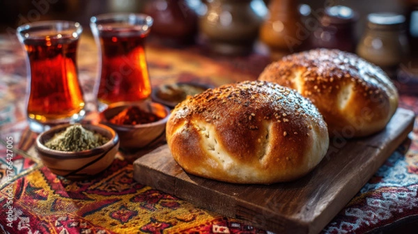 Fototapeta Traditional Moroccan bread with spices and mint tea on a patterned tablecloth, an authentic Middle Eastern kitchen scene