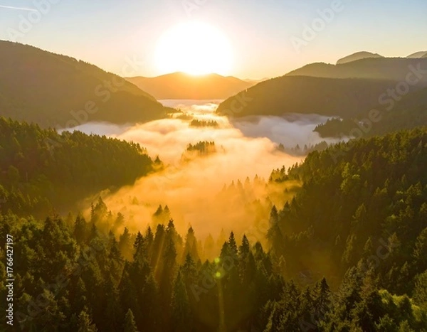 Obraz Aerial view of a mountain valley filled with low-lying clouds at dawn