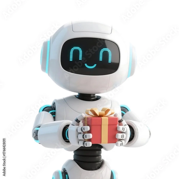 Fototapeta 3D cute AI robot holding shopping and discount elements, representing online shopping, sales, and promotion concepts, isolated on png file.