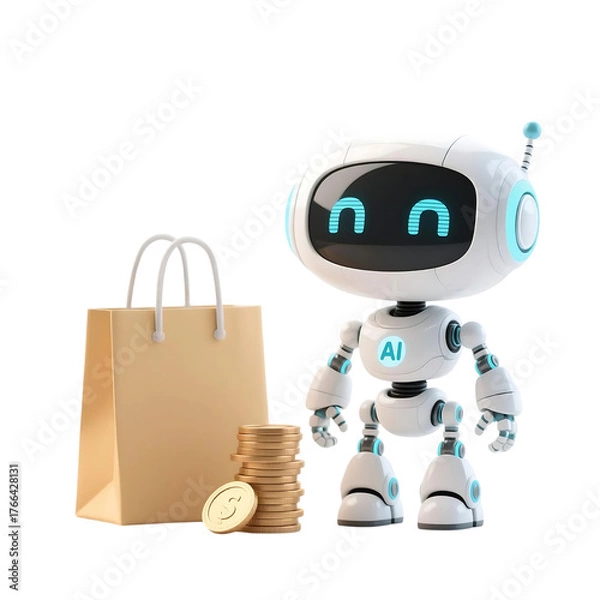 Fototapeta 3D cute AI robot holding shopping and discount elements, representing online shopping, sales, and promotion concepts, isolated on png file.