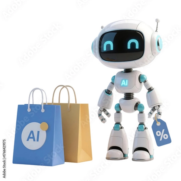 Fototapeta 3D cute AI robot holding shopping and discount elements, representing online shopping, sales, and promotion concepts, isolated on png file.