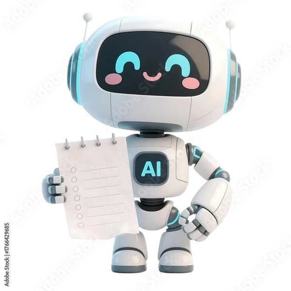 Obraz 3D cute AI robot holding shopping and discount elements, representing online shopping, sales, and promotion concepts, isolated on png file.