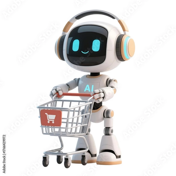 Fototapeta 3D cute AI robot holding shopping and discount elements, representing online shopping, sales, and promotion concepts, isolated on png file.