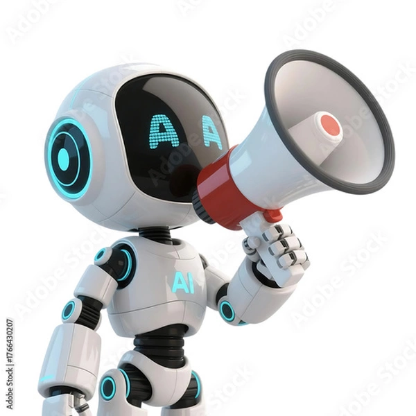 Fototapeta 3D cute AI robot holding shopping and discount elements, representing online shopping, sales, and promotion concepts, isolated on png file.