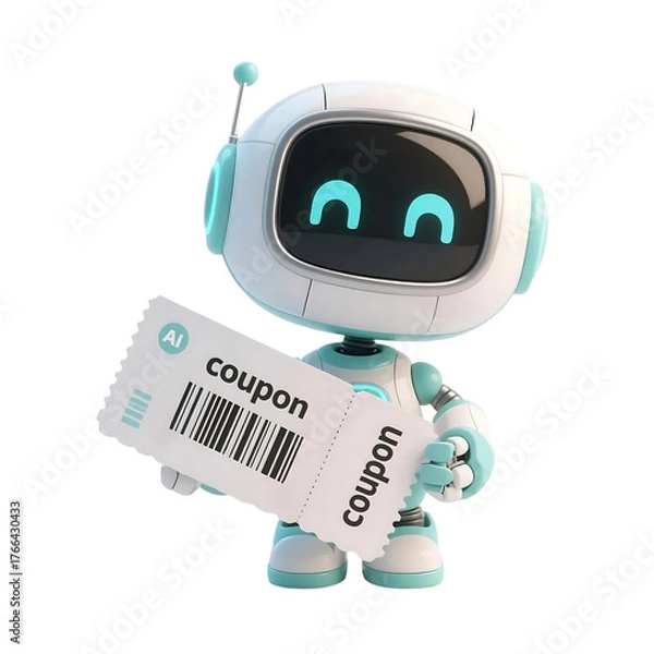 Obraz 3D cute AI robot holding shopping and discount elements, representing online shopping, sales, and promotion concepts, isolated on png file.