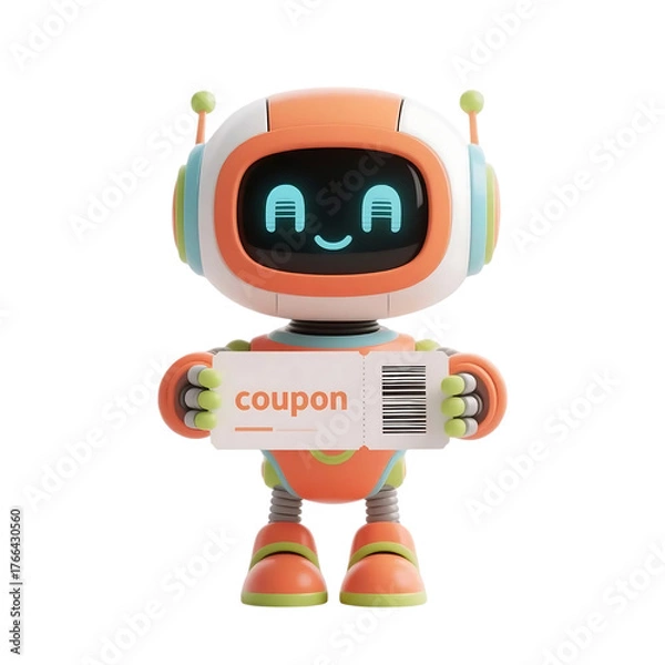 Fototapeta 3D cute AI robot holding shopping and discount elements, representing online shopping, sales, and promotion concepts, isolated on png file.