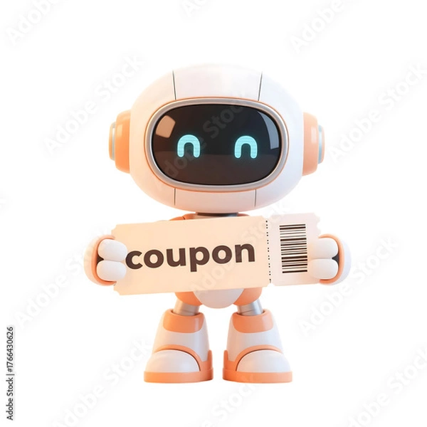Fototapeta 3D cute AI robot holding shopping and discount elements, representing online shopping, sales, and promotion concepts, isolated on png file.