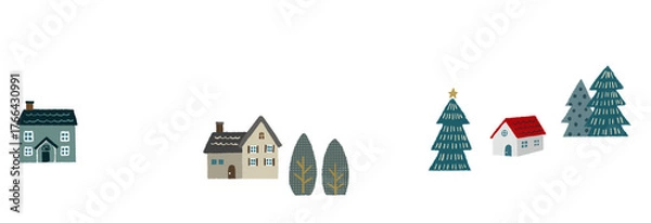 Fototapeta 北欧風の家と木が並ぶ冬の風景イラストの素材セット