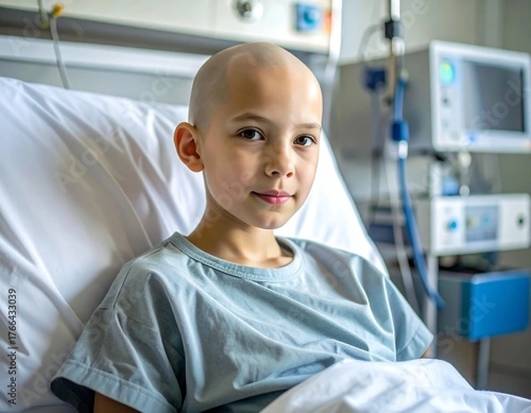 Obraz A young child with a shaved head sits in a hospital bed