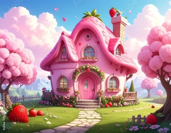 Fototapeta Whimsical pink house, shaped like a strawberry, nestled in a serene garden