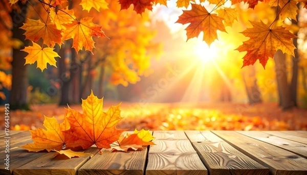 Fototapeta Golden light shines through a forest with maple leaves, seen from wooden table with leaves