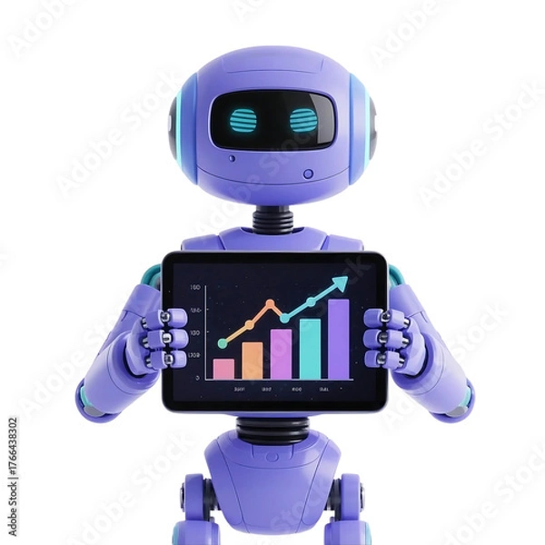 Fototapeta Cute AI Robot 3D in Trading and Investment Concept Isolated on Png Background