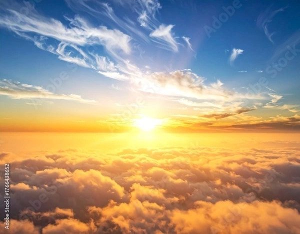 Fototapeta Aerial view of a radiant sunrise over a sea of fluffy clouds