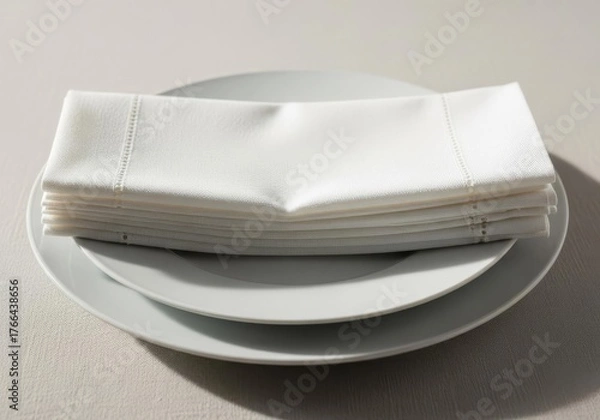 Fototapeta Stacked White Napkins on Gray Plates for Table Setting