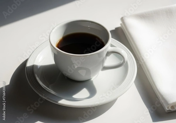 Fototapeta Cup of Dark Coffee Sitting on White Table with Cloth Napkin and Sunlight