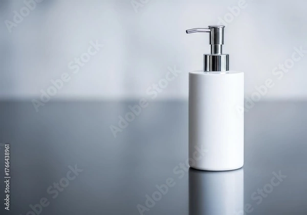 Fototapeta Elegant White Bottle with Silver Pump on Gray Surface Minimalist Style